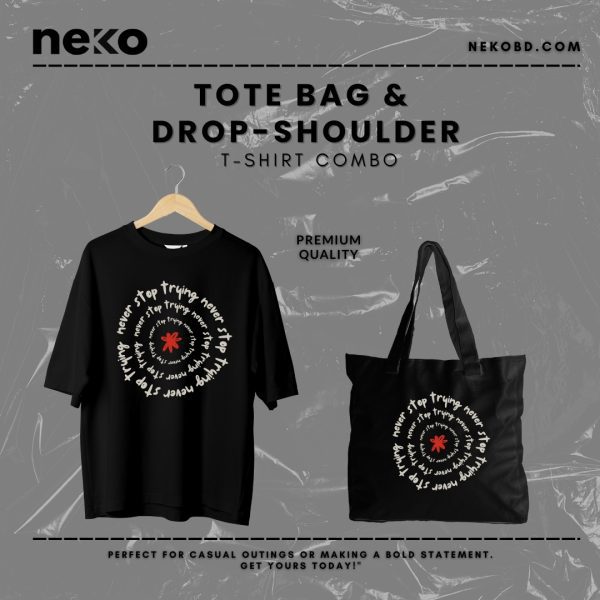 Neko Red & White Motivational Quote Black Tote Bag & T-shirt Combo
